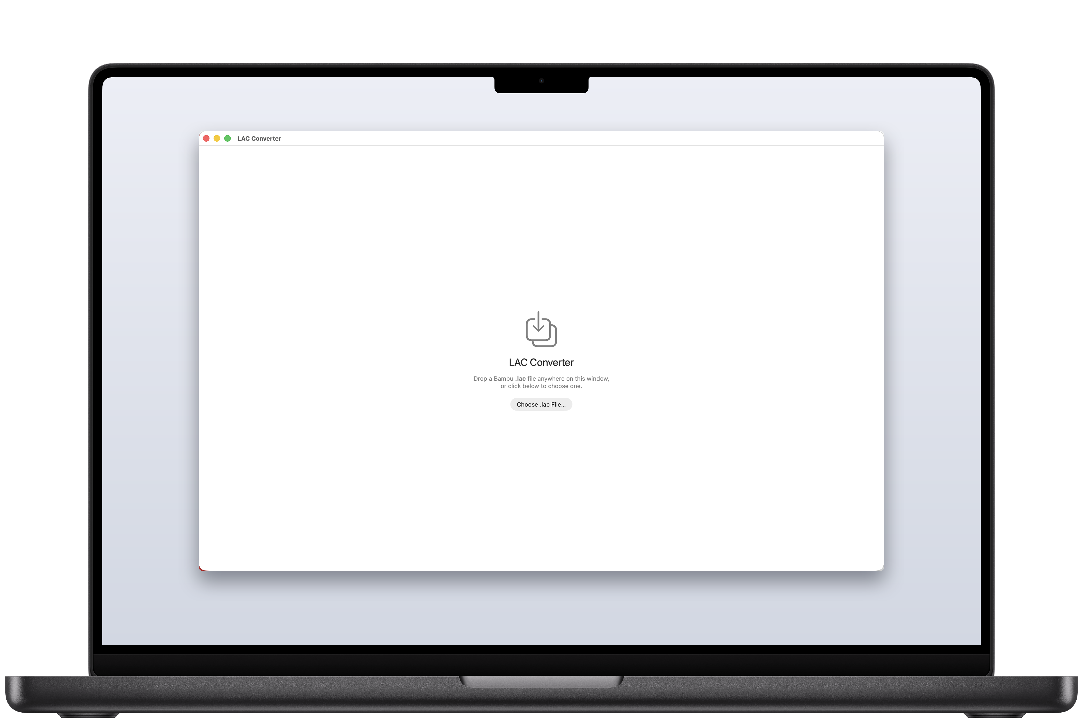 LAC Converter empty state with a Choose .lac File button and drag-drop prompt.