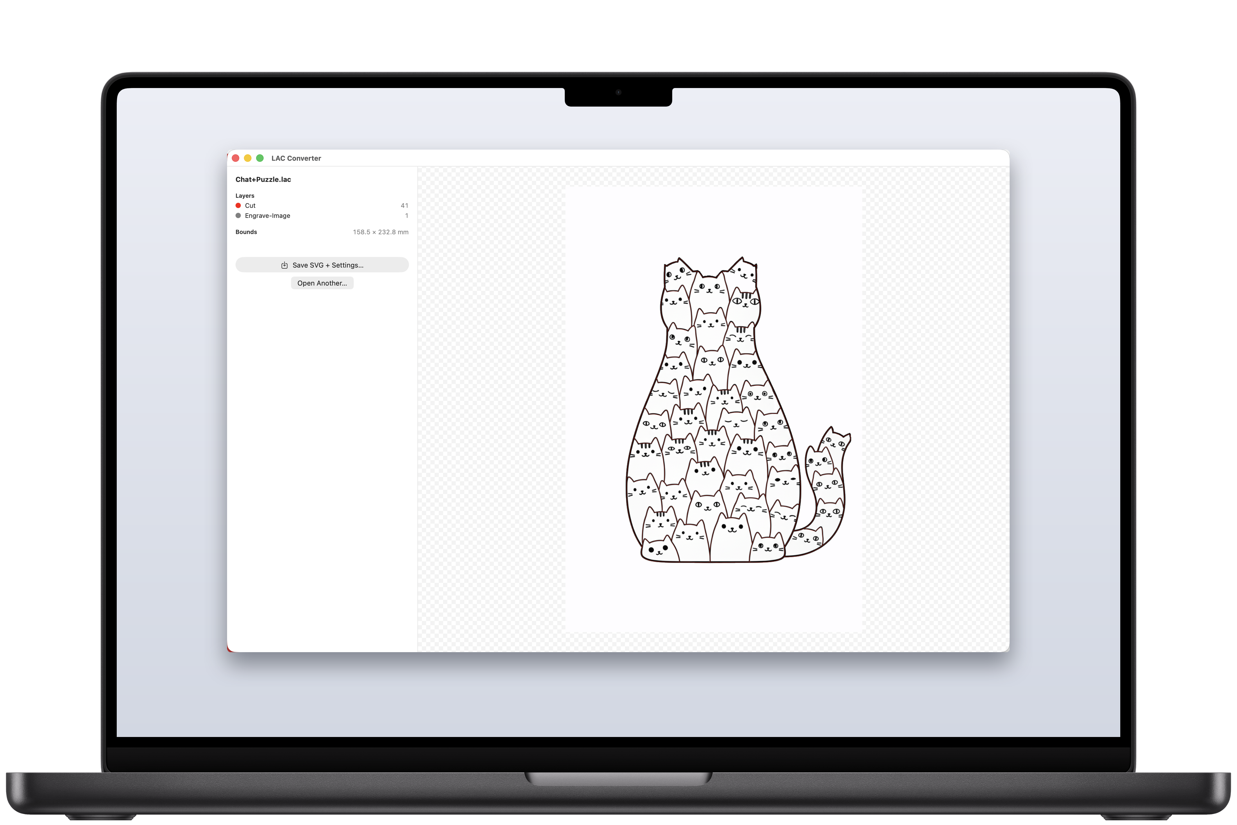 A loaded .lac file showing the SVG preview of a cat puzzle with the sidebar listing layers and material.